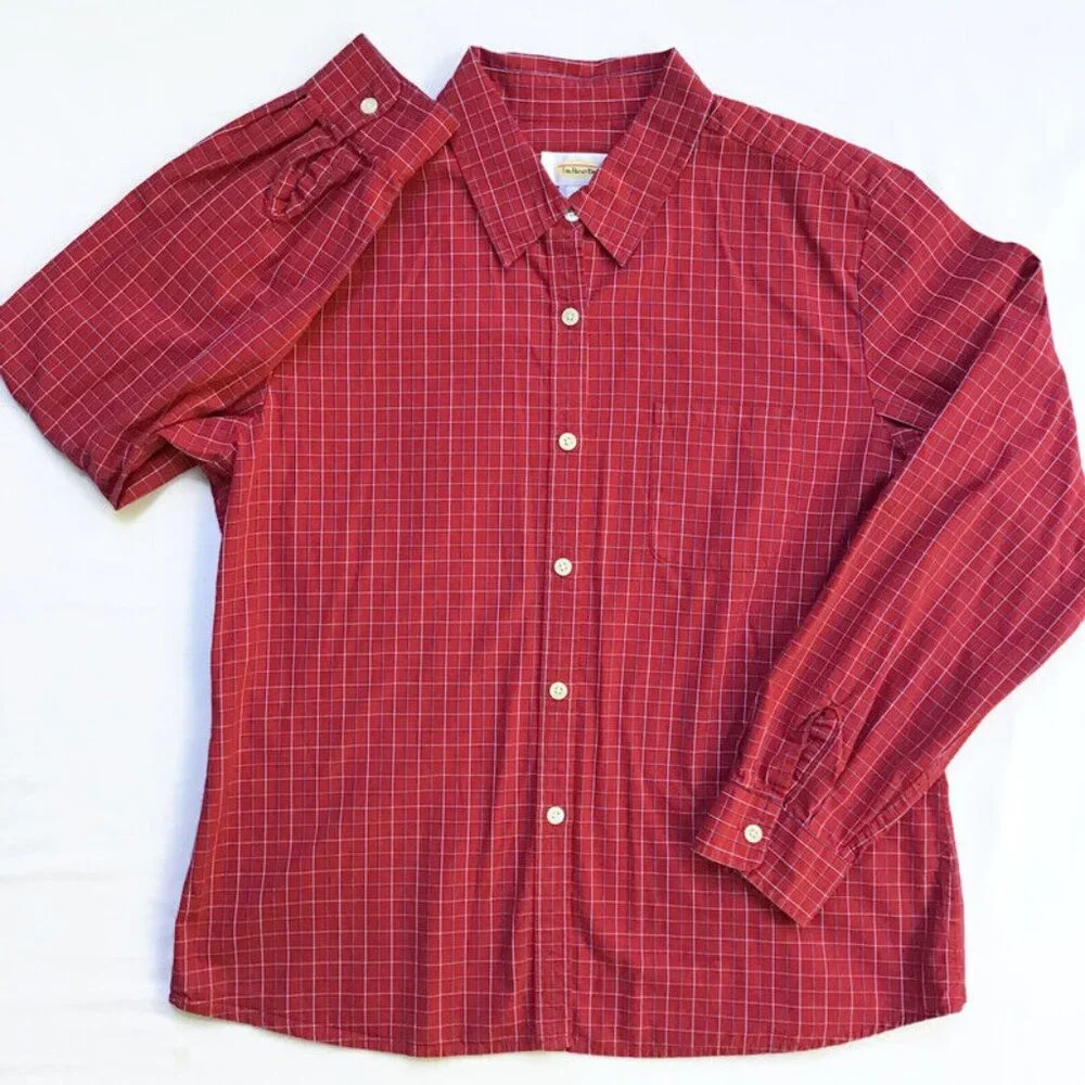 Talbots Button Down Shirt Womens Sz Medium Thin Line Plaid Red Blue 100% Cotton - Picture 1 of 8